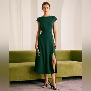 Rihoas Green Boat Neck Cutout Back Midi Dress